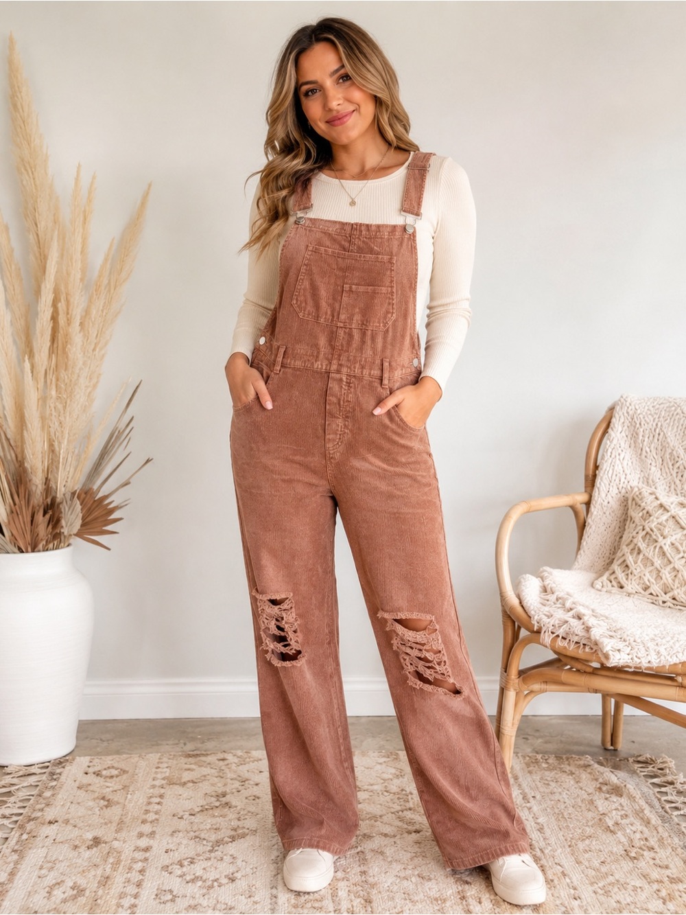 BiBi Rust Brown Corduroy Distressed Women's Overalls size Large